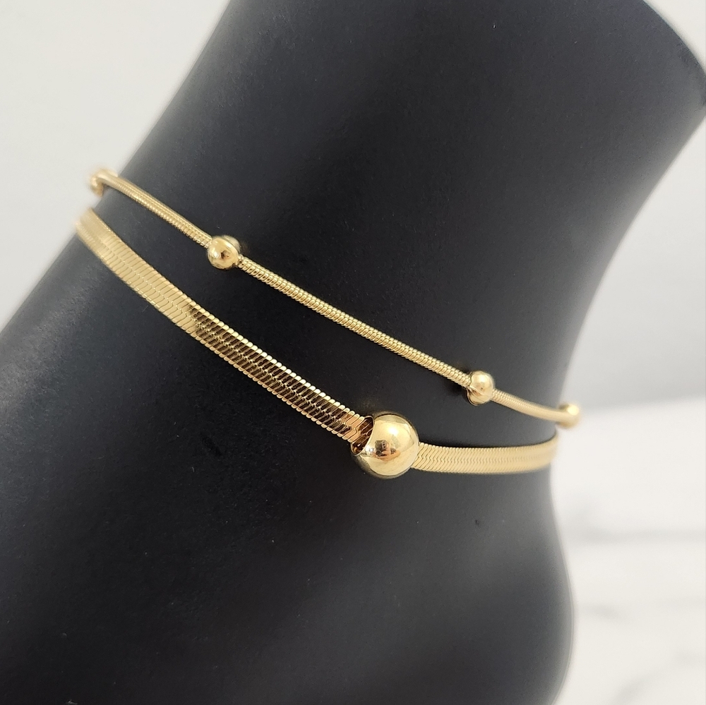 Gold Plated Double Layer Anklet Herringbone Blade Snake Chain Bead Anklet Y2K - Picture 5 of 13
